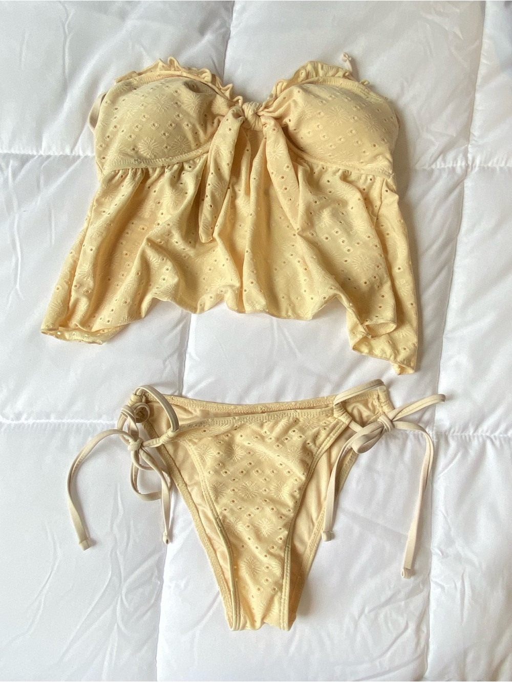Eyelet Tie-Front Bandeau Bikini Set in Soft Yellow